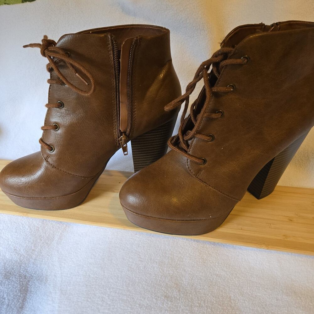 Women Platform Round Toe High brown Heel Lace-up Fashion Ankle Boot 7.5